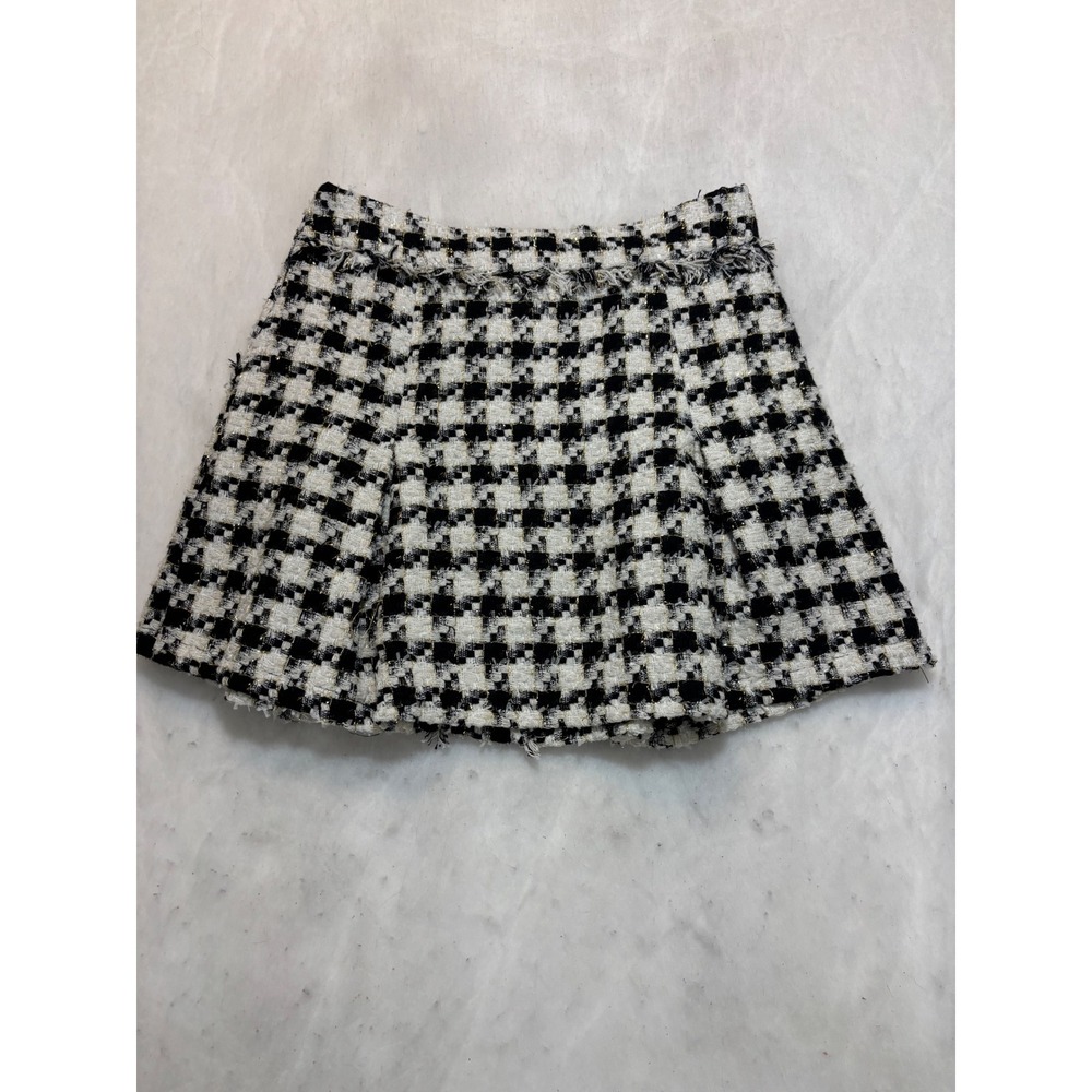 A Loves A Houndstooth Tweed Mini Skirt Black White Gold Metallic Crest Button L - Picture 11 of 11